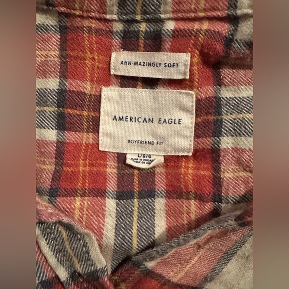 American Eagle Women Boyfriend Fit Long Sleeve Orange/Cream Plaid Flannel Large - Picture 8 of 11